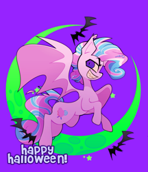 Size: 1645x1900 | Tagged: safe, artist:opossum-stuff, imported from derpibooru, oc, oc:sweetie swirl, bat, bat pony, bat pony oc, bat wings, femboy, grin, looking at you, male, moon, multicolored hair, sharp teeth, smiling, solo, teeth, text, wings