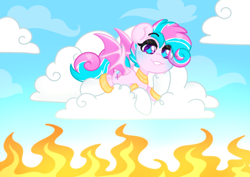 Size: 3508x2480 | Tagged: safe, artist:ninnydraws, imported from derpibooru, oc, oc only, oc:sweetie swirl, bat pony, bat pony oc, bat wings, blue blush, blushing, clothes, cloud, cloudy, day, eyelashes, eyeshadow, femboy, fire, gold, long socks, looking down, lying down, makeup, male, outdoors, sky, socks, sparkle, wings