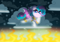 Size: 3508x2480 | Tagged: safe, artist:ninnydraws, imported from derpibooru, oc, oc only, oc:sweetie swirl, bat pony, bat pony oc, bat wings, blue blush, blushing, clothes, cloud, cloudy, eyelashes, eyeshadow, femboy, fire, gold, long socks, looking down, lying down, makeup, male, night, outdoors, sky, socks, sparkle, stars, wings