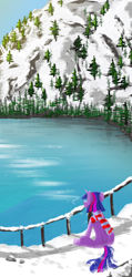 Size: 1080x2264 | Tagged: safe, artist:cyberpixel44, imported from derpibooru, twilight sparkle, pony, unicorn, clothes, complex background, female, fence, horn, lake, looking away, mare, mountain, outdoors, phone wallpaper, reflection, rock, scarf, snow, solo, tree, unicorn twilight, water