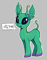 Size: 298x379 | Tagged: safe, artist:shydale, imported from derpibooru, oc, oc only, alien, alien pony, pony, antennae, bug eyes, extraterrestrial, female, gray background, magma.com, outline, simple background, solo, speech bubble, unknown language, white outline