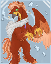 Size: 4320x5400 | Tagged: safe, artist:jennyfire, imported from derpibooru, oc, oc:pearl diver, classical hippogriff, hippogriff, bandage, beak, blue background, broken bone, broken wing, cast, claws, colored wings, commission, hippogriff oc, hippogriffied, injured, jewelry, necklace, nonbinary, simple background, sling, smiling, species swap, standing, tail, wings