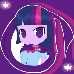 Size: 2048x2048 | Tagged: safe, imported from derpibooru, twilight sparkle, human, equestria girls, 2013, anime, clothes, colored, female, happy, high res, long hair, multicolored hair, my little pony, purple background, purple eyes, scarf, shirt, simple background, solo, t-shirt