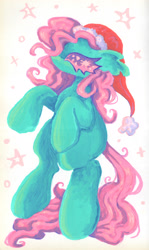 Size: 1835x3072 | Tagged: safe, artist:larvaecandy, imported from derpibooru, minty, earth pony, pony, alternate eye color, big hooves, christmas, colored eyelashes, colored sclera, curly mane, curly tail, ear fluff, female, floppy ears, g3, gouache, green coat, hat, holiday, lineless, mare, mint coat, missing cutie mark, my little pony: a very minty christmas, no mouth, no pupils, pink eyes, pink mane, pink sclera, pink tail, profile, purple eyes, rearing, santa hat, simple background, sparkles, sparkly eyes, stars, tail, teal coat, traditional art, white background, wingding eyes