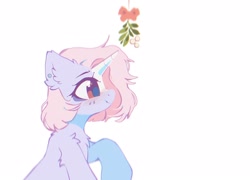 Size: 1938x1396 | Tagged: safe, artist:mirtash, imported from derpibooru, oc, oc only, oc:milkshake (mirtash), pony, unicorn, .psd available, art challenge, bags under eyes, blaze (coat marking), blue pupils, blush lines, blushing, brown eyes, chest fluff, coat markings, colored eyelashes, colored horn, colored pupils, ear fluff, ear piercing, earring, eyelashes, facial markings, female, female oc, horn, jewelry, lavender coat, mare, mare oc, mistletoe, piercing, pink mane, profile, purple coat, purple eyelashes, red eyes, shiny eyes, short mane, shoulder fluff, sitting, smiling, solo, unicorn horn, unicorn oc