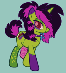 Size: 1247x1386 | Tagged: safe, artist:catponything, artist:x-iiaobases, imported from derpibooru, oc, oc only, oc:undead heart, pony, undead, unicorn, zombie, zombie pony, base used, choker, horn, looking at you, scene hair, smiling, smiling at you, spiked choker, stitched body, stitches, unicorn oc, walking