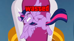 Size: 2266x1271 | Tagged: safe, imported from derpibooru, twilight sparkle, alicorn, pony, season 9, the ending of the end, spoiler:s09, eyes closed, grand theft auto, gritted teeth, link in description, meme, my little pony, teeth, throne, twilight sparkle (alicorn), wasted