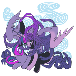 Size: 851x851 | Tagged: safe, artist:cutesykill, imported from derpibooru, twilight sparkle, alicorn, pony, abstract background, bangs, beanbrows, big ears, blue sclera, colored pinnae, colored sclera, crooked horn, dilated pupils, eyebrows, facing you, female, flowing mane, flowing tail, gradient mane, gradient tail, horn, hunched over, lanky, large wings, long mane, long tail, looking at you, mare, no catchlights, no pupils, partially open wings, purple coat, purple mane, purple tail, skinny, staring into your soul, straight mane, straight tail, tail, tall, thin, three toned mane, three toned tail, twilight sparkle (alicorn), uncanny valley, unicorn horn, wings