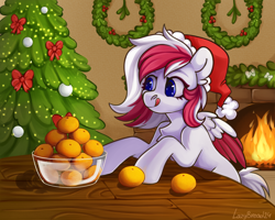 Size: 2250x1800 | Tagged: safe, artist:lazybread, imported from derpibooru, oc, oc only, oc:red wine, pegasus, pony, christmas, christmas tree, colored wings, hat, holiday, pegasus oc, santa hat, tree, two toned mane, two toned wings, wings