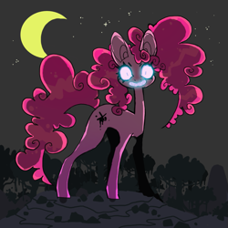 Size: 851x851 | Tagged: safe, artist:cutesykill, imported from derpibooru, pinkie pie, earth pony, pony, alternate cutie mark, big ears, concave belly, creepy, creepy smile, crescent moon, curly mane, curly tail, forest, glowing, glowing eyes, glowing teeth, long legs, long neck, looking at you, moon, nature, night, outdoors, pink coat, pink mane, pink tail, sharp teeth, shiny mane, shiny tail, shrunken pupils, slender, slit pupils, smiling, solo, staring at you, staring into your soul, stars, tail, teeth, thin, tree, wide eyes, wide smile