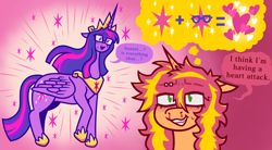 Size: 1280x707 | Tagged: safe, artist:dapperlilarts, imported from derpibooru, sci-twi, sunset shimmer, twilight sparkle, pony, unicorn, equestria girls, blood, crown, disguise, equestria girls ponified, fanfic art, female, glasses, heart, horn, jewelry, lesbian, nosebleed, piercing, regalia, sci-twishimmer, shipping, speech bubble, sunsetsparkle, unicorn sci-twi