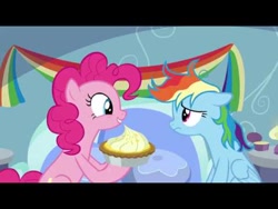 Size: 480x360 | Tagged: safe, imported from derpibooru, screencap, pinkie pie, rainbow dash, earth pony, pegasus, pony, secrets and pies, food, messy mane, my little pony, pie, pun, visual pun