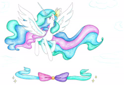 Size: 2236x1546 | Tagged: safe, artist:bluemagic, imported from derpibooru, princess celestia, alicorn, pony, ethereal mane, ethereal tail, horn, simple background, spread wings, tail, white background, wings