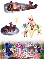 Size: 1280x1707 | Tagged: safe, artist:computerstickman, imported from derpibooru, alice the reindeer, aurora the reindeer, bori the reindeer, princess celestia, princess luna, oc, oc:banana bliss, oc:northern wishes, oc:periwinkle, oc:star wishes, deer, reindeer, curved horn, fire, horn, story included, transformation