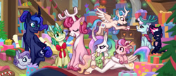 Size: 1280x553 | Tagged: safe, artist:computerstickman, imported from derpibooru, alice the reindeer, aurora the reindeer, bori the reindeer, princess celestia, princess luna, oc, oc:banana bliss, oc:northern wishes, oc:periwinkle, oc:star wishes, alicorn, deer, reindeer, curved horn, doe, fawn, female, horn, mare, present, royal sisters, siblings, sisters