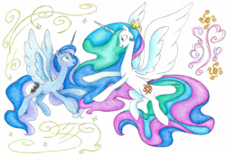 Size: 2252x1564 | Tagged: safe, artist:bluemagic, imported from derpibooru, princess celestia, princess luna, alicorn, pony, ethereal mane, ethereal tail, flying, horn, simple background, tail, wings