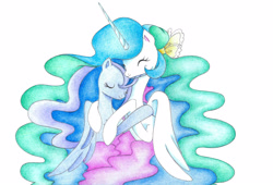 Size: 2278x1550 | Tagged: safe, artist:bluemagic, imported from derpibooru, princess celestia, princess luna, alicorn, pony, horn, hug, simple background, white background, wings