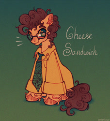 Size: 1274x1404 | Tagged: safe, artist:emobricosss, imported from derpibooru, cheese sandwich, earth pony, pony, brown mane, brown tail, clothes, collared shirt, colored eyebrows, colored pinnae, curly mane, curly tail, cute, diacheeses, ear fluff, ear piercing, earring, emanata, glasses, gradient background, green eyes, grin, jewelry, looking at you, male, name, necktie, noise, orange coat, orange hooves, oversized clothes, oversized shirt, piercing, shiny hooves, shirt, sitting, smiling, smiling at you, solo, stallion, tail, three quarter view, unshorn fetlocks, white pupils