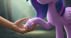 Size: 1408x768 | Tagged: safe, imported from twibooru, twilight sparkle, alicorn, human, pony, unicorn, ai content, ai generated, generator:imagen 3, hand, hooves, horn, image, png, sad, tantabus import, twilight sparkle (alicorn)