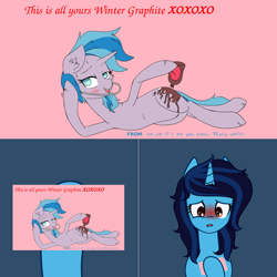 Size: 1502x1504 | Tagged: safe, artist:askwintergraphitepony, imported from derpibooru, air way, pearly whites, oc, oc:winter graphite, pony, unicorn, blushing, bottle, braces, female, horn, mare, sultry pose