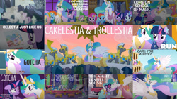 Size: 1280x720 | Tagged: safe, edit, edited screencap, editor:quoterific, imported from derpibooru, screencap, blue october, blueberry muffin, citrine spark, clever musings, cloudburst, cranky doodle donkey, daisy, derpy hooves, dj pon-3, eiffel, fire flicker, fire quacker, flower wishes, fluttershy, fuchsia fizz, gallus, lavenderhoof, mjölna, oakey doke, pinkie pie, princess celestia, rainbow dash, rarity, sandbar, silver spanner, spike, starlight glimmer, twilight sparkle, vinyl scratch, welch, alicorn, dragon, earth pony, pegasus, pony, unicorn, a bird in the hoof, celestial advice, horse play, make new friends but keep discord, mmmystery on the friendship express, no second prances, ponyville confidential, season 1, season 2, season 5, season 6, season 7, season 8, the best night ever, the cutie mark chronicles, spoiler:s08, cake, cakelestia, clothes, dress, female, food, friendship student, gala dress, gotcha, mare, my little pony, royal guard, twilight sparkle (alicorn), unicorn twilight