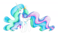 Size: 1994x1284 | Tagged: safe, artist:bluemagic, imported from derpibooru, princess celestia, alicorn, pony, cute, cutelestia, ethereal mane, ethereal tail, horn, simple background, smiling, tail, walking, wings