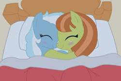 Size: 2280x1522 | Tagged: safe, imported from twibooru, oc, oc:dillie dallie, oc:moraine terminus, bed, bed frame, bed sheets, blushing, eyes closed, image, multicolored hair, multicolored mane, pillow, png, simple background, sleeping, smiling