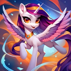 Size: 512x512 | Tagged: safe, imported from derpibooru, oc, oc only, oc:critic, alicorn, pony, ai content, ai generated, female, filly, fimfiction, foal, generator:purplesmart.ai, generator:stable diffusion, horn, jewelry, looking at you, pendant, prompt in description, prompter:the eternal star, solo, tail, wings