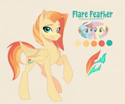 Size: 2100x1750 | Tagged: safe, artist:nettlemoth, imported from derpibooru, oc, oc:flare feather, pegasus, pony, color palette, female, grin, magical lesbian spawn, mare, offspring, parent:fluttershy, parent:rainbow dash, parents:flutterdash, pegasus oc, screencap reference, simple background, smiling, solo, standing on two hooves, wings, yellow background