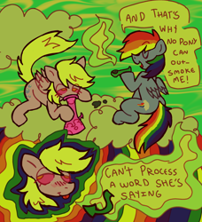 Size: 2328x2552 | Tagged: safe, artist:catponything, imported from derpibooru, derpy hooves, rainbow dash, pegasus, pony, bong, cloud, drugs, duo, duo female, eyes closed, female, folded wings, high, high as a kite, high as fuck, lying down, mare, marijuana, on a cloud, open mouth, open smile, pipe, prone, sitting, sitting on a cloud, smiling, smoke weed everyday, smoking, tail, tongue out, wings