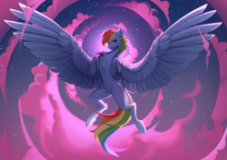 Size: 2287x1611 | Tagged: safe, artist:1nka, imported from derpibooru, rainbow dash, pegasus, pony, belly, chest fluff, cloud, ear fluff, female, flying, large wings, mare, night, ribcage, smiling, solo, spread wings, wings