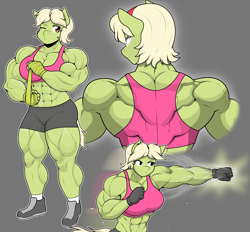 Size: 4095x3807 | Tagged: safe, artist:matchstickman, imported from derpibooru, granny smith, anthro, plantigrade anthro, clothes, female, gloves, granny smash, gray background, hand wraps, multeity, muscles, muscular female, punch, shoes, shorts, simple background, sneakers, solo, sports bra, sports shorts, young granny smith, younger