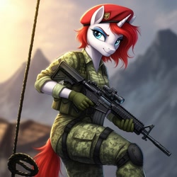 Size: 1024x1024 | Tagged: safe, imported from derpibooru, oc, oc only, oc:britannia, anthro, unicorn, series:g.i. pony: a real equestrian hero, action force, ai content, ai generated, assault rifle, beret, clothes, cosplay, costume, fatigues, female, g.i. joe, generator:google imagen 3.0, gloves, gun, hat, horn, military uniform, mountain, mountain range, prompter:zerowinger, rappelling, rifle, rope, skip, smiling, solo, uniform, weapon