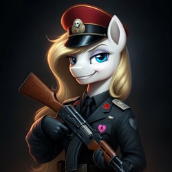 Size: 1024x1024 | Tagged: safe, imported from derpibooru, oc, oc only, oc:aryanne, anthro, earth pony, series:g.i. pony: a real equestrian hero, action force, ai content, ai generated, ak-47, assault rifle, black and yellow, black major, clothes, cosplay, costume, evil grin, female, g.i. joe, generator:google imagen 3.0, gloves, gradient background, grin, gun, hat, military uniform, nazi, prompter:zerowinger, red shadows, rifle, smiling, solo, uniform, weapon