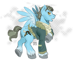 Size: 1437x1200 | Tagged: safe, artist:bubbykat, imported from derpibooru, wind rider, pegasus, pony, bomber jacket, clothes, gradient background, jacket, male, signature, solo, spread wings, stallion, wings