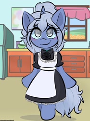 Size: 1535x2048 | Tagged: safe, artist:doodlesdoodles8, imported from derpibooru, oc, oc:misty mourn, unicorn, blind, choker, clothes, horn, maid, unicorn oc