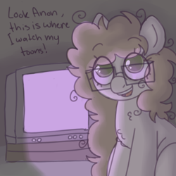 Size: 600x600 | Tagged: safe, artist:php193, imported from derpibooru, oc, oc only, oc:cartoon, earth pony, dark room, frizzy hair, glasses, looking at you, television