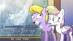 Size: 4596x2586 | Tagged: safe, artist:yourboimario, imported from derpibooru, blossomforth, cloud kicker, pegasus, pony, derp, derp kicker, dialogue, duo, female, high res, implied derpy, mare, mocking, reflection, text, unamused, watermark, window