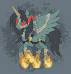 Size: 1456x1527 | Tagged: safe, artist:itoruna-the-platypus, imported from derpibooru, alicorn, pony, undead, bandage, bandaged horn, bandaged leg, blank eyes, bridle, exposed bone, eye mist, female, fiery hooves, fire, glowing, glowing eyes, horn, mare, neopets, ponified, red eyes, solo, spread wings, tack, torn ear, wings