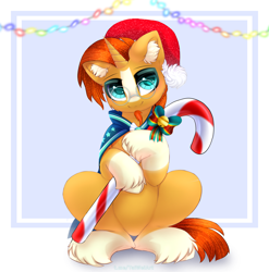 Size: 2468x2500 | Tagged: safe, artist:taiweiart, imported from derpibooru, sunburst, pony, unicorn, candy, candy cane, christmas, cloak, clothes, food, hat, high res, holiday, horn, male, santa hat, solo, stallion, sunburst's cloak