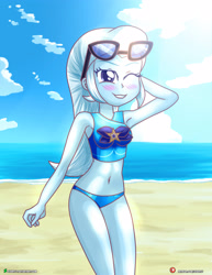 Size: 3090x4000 | Tagged: safe, artist:dieart77, imported from twibooru, trixie, equestria girls, beach, belly button, bikini, clothes, image, needs more jpeg, solo, sunglasses, swimsuit