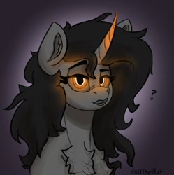 Size: 1492x1501 | Tagged: safe, artist:reddthebat, imported from derpibooru, oc, oc only, oc:event horizon, black hole pony, pony, unicorn, black and yellow, black hole, bust, chest fluff, ear fluff, glowing, glowing eyes, glowing horn, horn, looking at you, ponified, question mark, solo