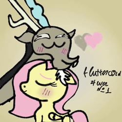 Size: 512x512 | Tagged: safe, artist:lia2024fluttercord, imported from derpibooru, discord, fluttershy, blushing, cute, discoshy, female, heart, male, shipping, signature, straight