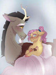 Size: 750x1000 | Tagged: safe, artist:cocolove2176, imported from derpibooru, discord, fluttershy, draconequus, hybrid, pegasus, pony, baby, crying, discoshy, female, filly, flower, flower in hair, foal, heartwarming, hospital, interspecies, interspecies offspring, male, mare, newborn, offspring, older, older fluttershy, parent:discord, parent:fluttershy, parents:discoshy, shipping, story in the source, straight