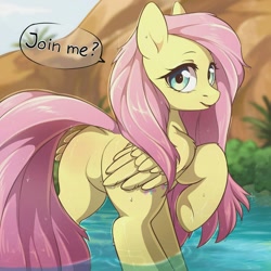 Size: 1280x1280 | Tagged: safe, alternate version, artist:fensu-san, imported from derpibooru, fluttershy, pegasus, pony, bronybait, butt, cute, dock, featureless crotch, female, flutterbutt, looking at you, looking back, looking back at you, mare, outdoors, plot, raised hoof, raised tail, sfw version, shyabetes, solo, speech bubble, tail, talking to viewer, water, wet, wet mane, wings