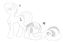 Size: 1600x1071 | Tagged: safe, artist:capseys, imported from derpibooru, dj pon-3, octavia melody, vinyl scratch, earth pony, pony, unicorn, concave belly, duo, duo female, eyes closed, female, heart, horn, hug, lesbian, mare, monochrome, scratchtavia, shipping, tail, tail hug