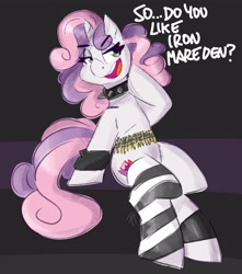 Size: 3000x3400 | Tagged: safe, artist:flutterthrash, imported from derpibooru, sweetie belle, pony, unicorn, ammunition belt, black background, choker, clothes, dialogue, eyebrows, eyebrows visible through hair, female, horn, horse puns, lidded eyes, mare, older, older sweetie belle, open mouth, open smile, simple background, sitting, smiling, socks, solo, spiked choker, striped socks, wristband