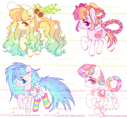 Size: 3004x2784 | Tagged: safe, artist:anno酱w, imported from derpibooru, oc, oc only, butterfly, earth pony, food pony, original species, pegasus, pony, unicorn, adoptable, base used, bow, bowtie, chibi, chinese, clothes, donut, eyeshadow, flower, food, hat, horn, jewelry, makeup, necklace, package, ponified, rainbow, simple background, socks, sunflower, watermark, white background, wings