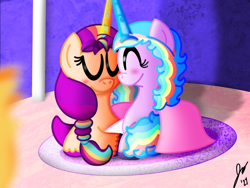 Size: 2160x1620 | Tagged: safe, artist:jesslmc16, imported from derpibooru, izzy moonbow, sunny starscout, alicorn, unicorn, augmented, blanket, blushing, cuddling, duo, duo female, eyes closed, female, fire, g5, hoof hold, horn, izzy rainbow, lesbian, looking at each other, looking at someone, lying down, mane stripe sunny, mare, moonscout, race swap, rug, shadow, shipping, smiling, smiling at each other, sunnycorn