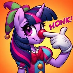 Size: 1024x1024 | Tagged: safe, imported from derpibooru, twilight sparkle, anthro, unicorn, ai content, ai generated, boop, bowtie, clothes, clown, clown nose, female, generator:bing image creator, generator:dall-e 3, gloves, hat, honk, horn, mare, prompter:heydude5321, red nose, self-boop, solo